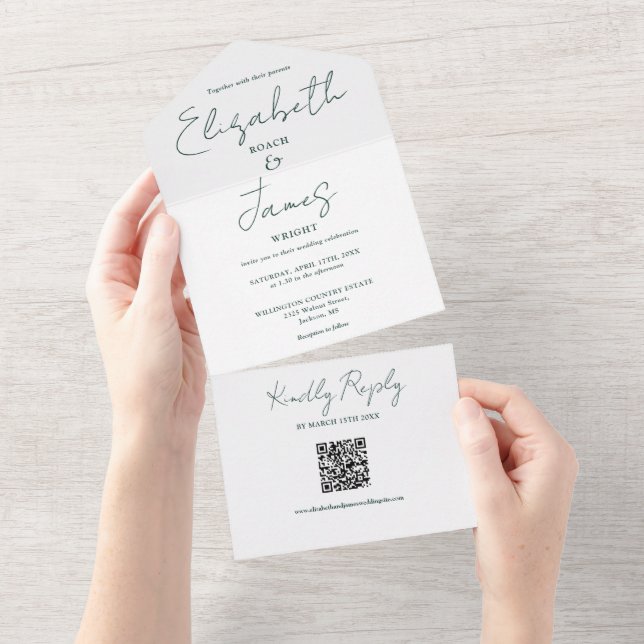 Chic Emerald Green Elegant Script QR Code Wedding All In One Invitation (Tearaway)