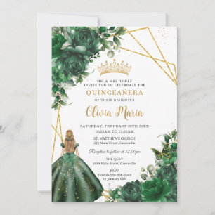 Chic Emerald Green Floral Blonde Girl Quinceañera Invitation