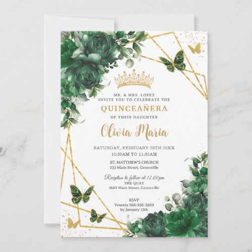 Chic Emerald Green Floral Butterflies Quinceaera Invitation