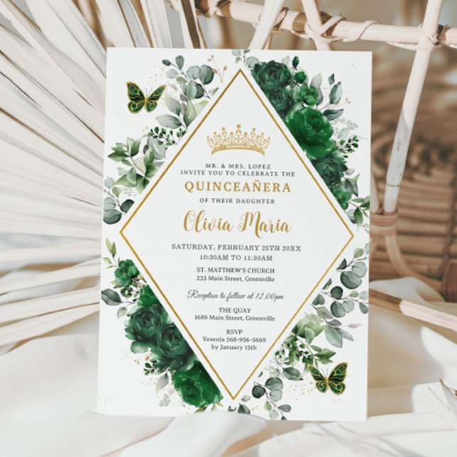 Chic Emerald Green Floral Butterflies Quinceañera Invitation (Creator Uploaded)