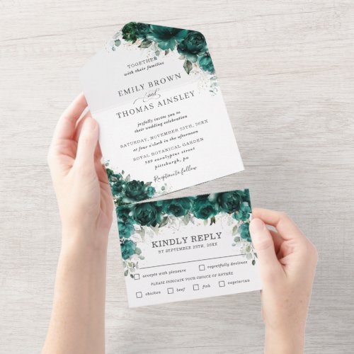 Chic Emerald Green Floral Flowers Wedding  All In One Invitation