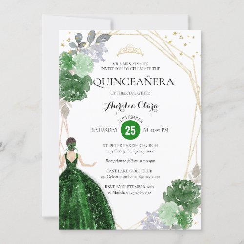 Chic Emerald Green Floral Geometric Quinceaera Invitation