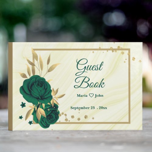 chic emerald green floral gold leaves geometric guest book