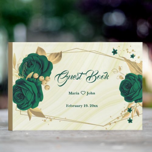 chic emerald green floral gold leaves geometric guest book
