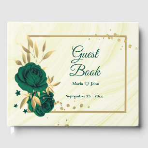 chic emerald green floral gold leaves geometric guest book