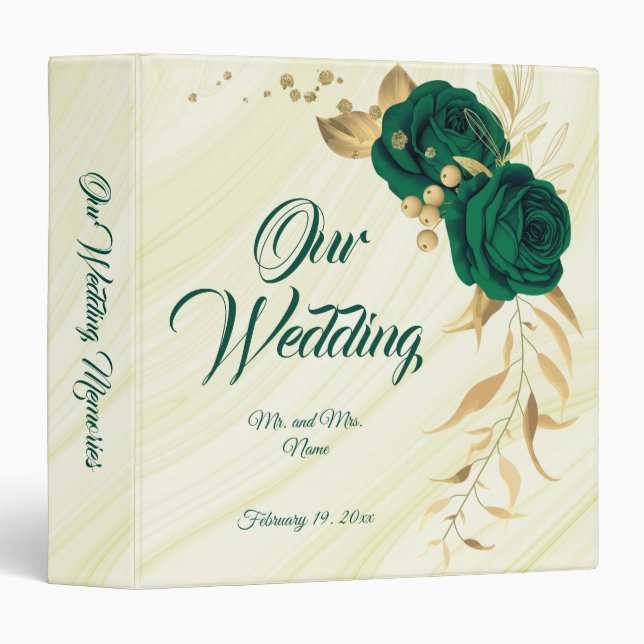 chic emerald green floral gold leaves photo album 3 ring binder (Front/Spine)