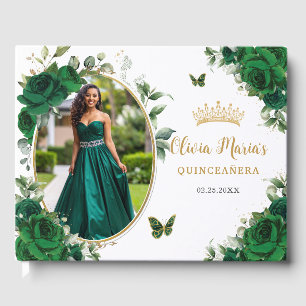 Chic Emerald Green Floral Gold Quinceanera Photo Guest Book