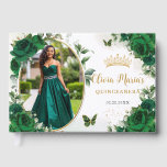 Chic Emerald Green Floral Gold Quinceanera Photo Guest Book<br><div class="desc">Coordinate your party with this elegant personalized Emerald Green Roses Floral Guest Book! Personalize it easily and quickly, simply click the customize it further button to edit the texts, change fonts and fonts colors. Featuring beautiful watercolor emerald green roses, a space to place your picture and green and gold butterflies....</div>