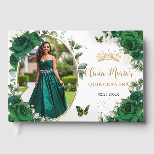 Chic Emerald Green Floral Gold Quinceanera Photo Guest Book (Front)