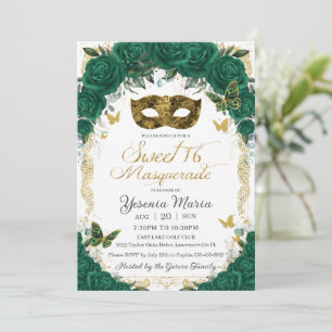 Chic Emerald Green Floral Gold Sweet 16 Masquerade Invitation