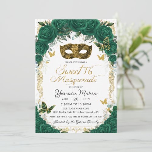 Chic Emerald Green Floral Gold Sweet 16 Masquerade Invitation