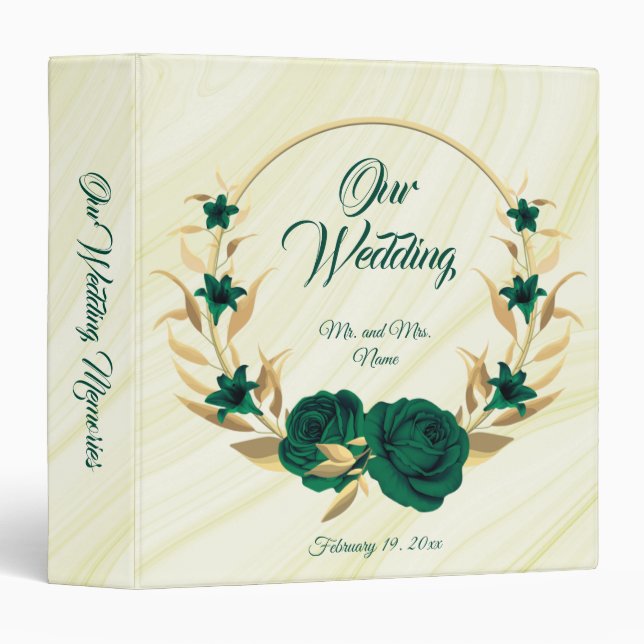 chic emerald green floral gold wreath photo album 3 ring binder (Front/Spine)