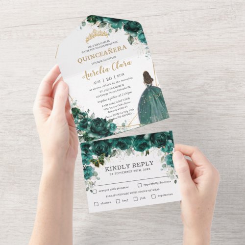 Chic Emerald Green Floral Princess Quinceaera All In One Invitation