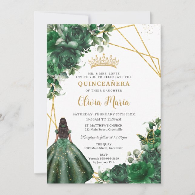 Chic Emerald Green Floral Princess Quinceañera Invitation (Front)