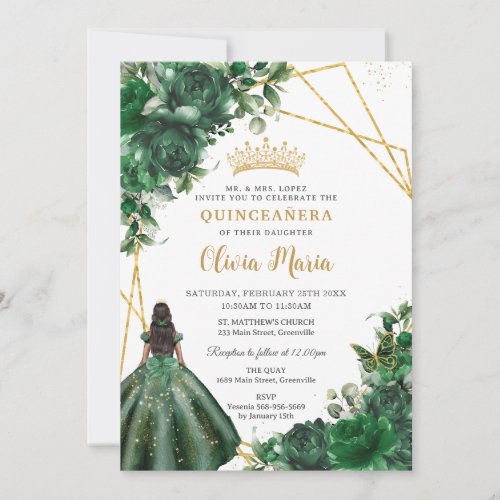 Chic Emerald Green Floral Princess Quinceaera Invitation