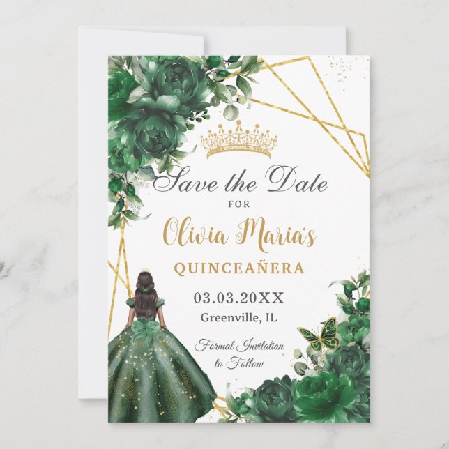 Chic Emerald Green Flowers Brown Girl Quinceañera  Save The Date (Front)