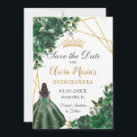 Chic Emerald Green Flowers Brown Girl Quinceañera  Save The Date<br><div class="desc">Personalize this pretty emerald green floral Quinceañera / Sweet 16 birthday save the date easily and quickly. Simply click the customize it further button to edit the texts, change fonts and fonts colors. Featuring a girl dressed in a beautiful emerald green dress, chic emerald green flowers and butterflies. Matching items...</div>