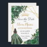 Chic Emerald Green Flowers Brown Girl Quinceañera  Save The Date<br><div class="desc">Personalize this pretty emerald green floral Quinceañera / Sweet 16 birthday save the date easily and quickly. Simply click the customize it further button to edit the texts, change fonts and fonts colors. Featuring a girl dressed in a beautiful emerald green dress, chic emerald green flowers and butterflies. Matching items...</div>