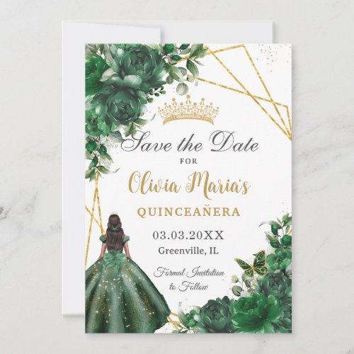 Chic Emerald Green Flowers Brown Girl Quinceaera  Save The Date