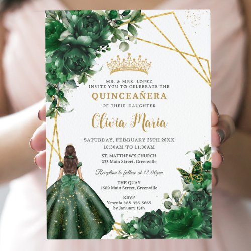 Chic Emerald Green Flowers Floral Quinceaera Invitation