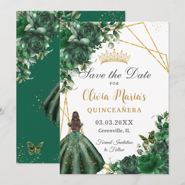 Chic Emerald Green Flowers Princess Quinceañera  Save The Date (Front/Back)