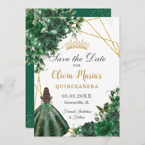 Chic Emerald Green Flowers Princess Quinceaera  Save The Date