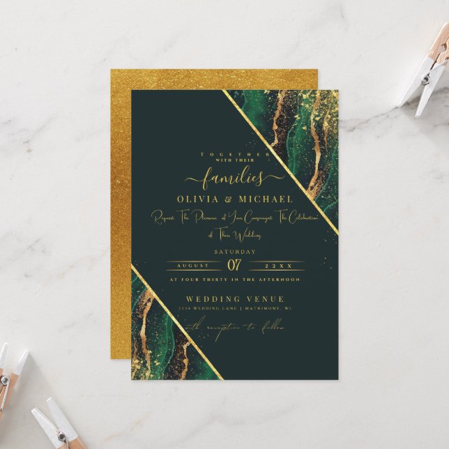 CHIC EMERALD GREEN GLITTER ABSTRACT AGATE WEDDING  INVITATION (Front/Back In Situ)