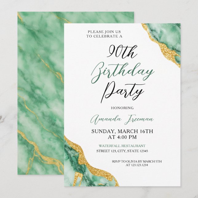 Chic Emerald Green & Gold 90th Birthday Invitation (Front/Back)