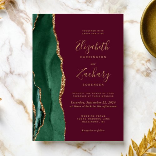 Chic Emerald Green Gold Agate Burgundy Wedding Invitation