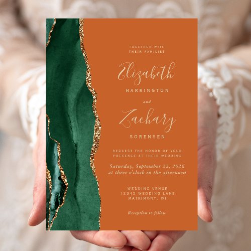 Chic Emerald Green Gold Agate Burnt Orange Wedding Invitation