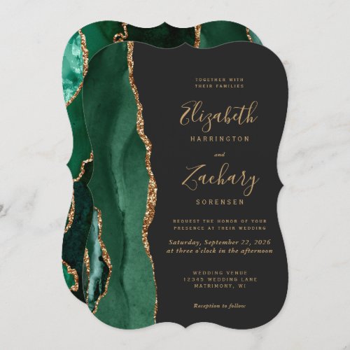 Chic Emerald Green Gold Agate Dark Bracket Wedding Invitation