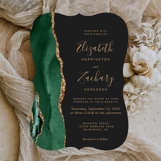 Chic Emerald Green Gold Agate Dark Bracket Wedding Invitation (Creator Uploaded)
