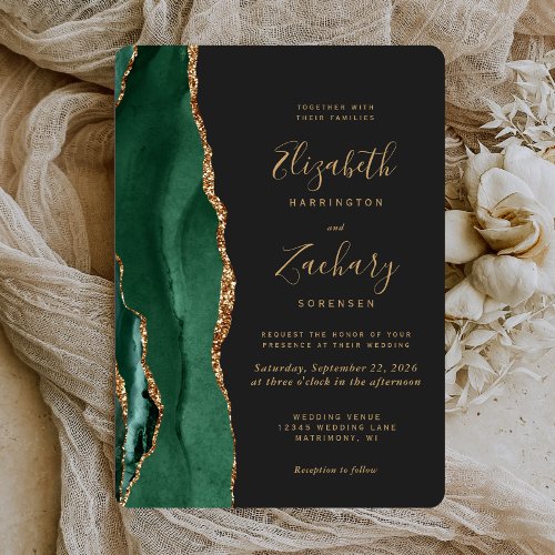 Chic Emerald Green Gold Agate Dark Rounded Wedding Invitation
