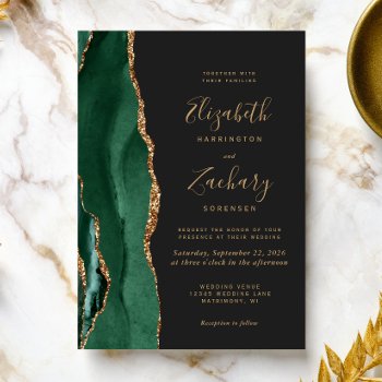 Chic Emerald Green Gold Agate Dark Wedding Invitation by Wedding_Paper_Nest at Zazzle