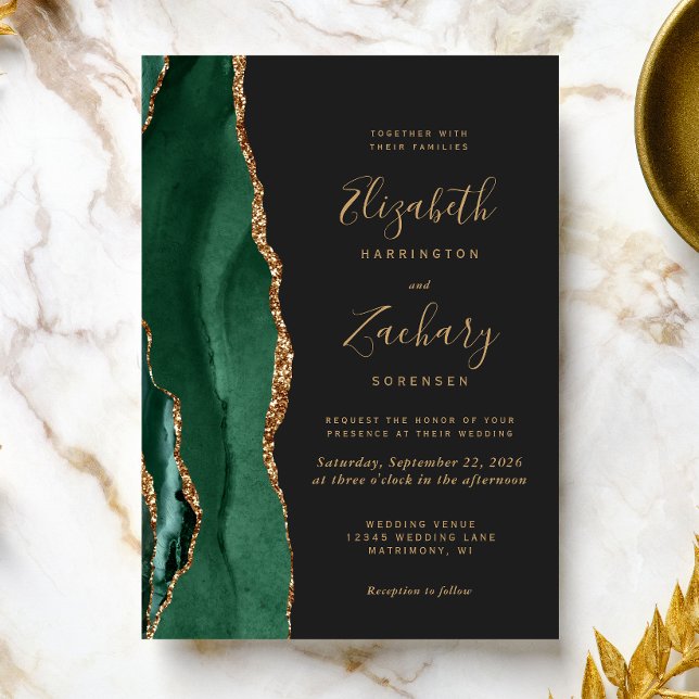 Chic Emerald Green Gold Agate Dark Wedding Invitation (The perfect choice for an emerald green themed wedding.)