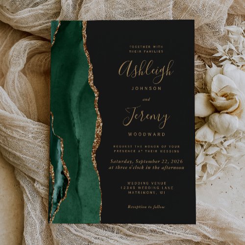 Chic Emerald Green Gold Agate Dark Wedding Invitation