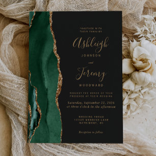 Chic Emerald Green Gold Agate Dark Wedding Invitation