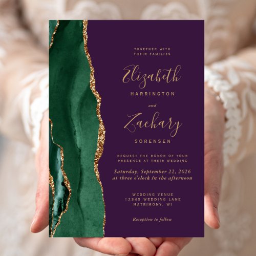 Chic Emerald Green Gold Agate Purple Wedding Invitation