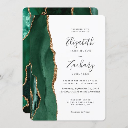 Chic Emerald Green Gold Agate Rounded Wedding Invitation