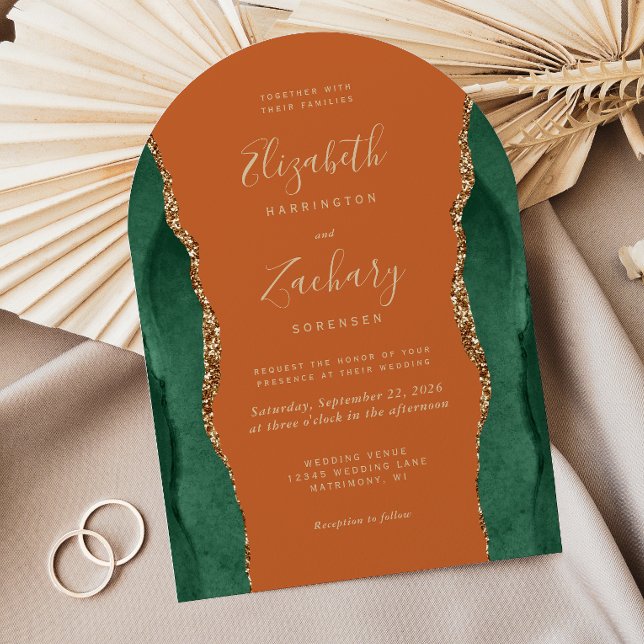 Chic Emerald Green Gold Agate Rust Arch Wedding Invitation (Creator Uploaded)