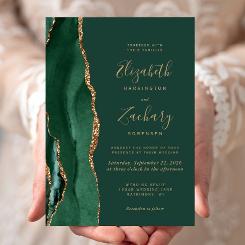 Chic Emerald Green Gold Agate Wedding Invitation