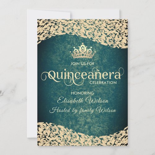 Chic Emerald green gold damask  tiara Quinceaera Invitation