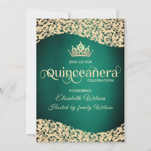 Chic Emerald green gold damask tiara Quinceañera Invitation