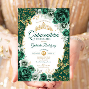 Chic Emerald Green Gold Floral Quinceanera Invitation