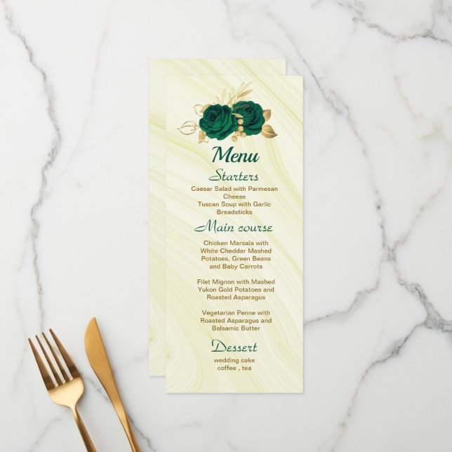 chic emerald green gold floral wedding menu (Front/Back In Situ)