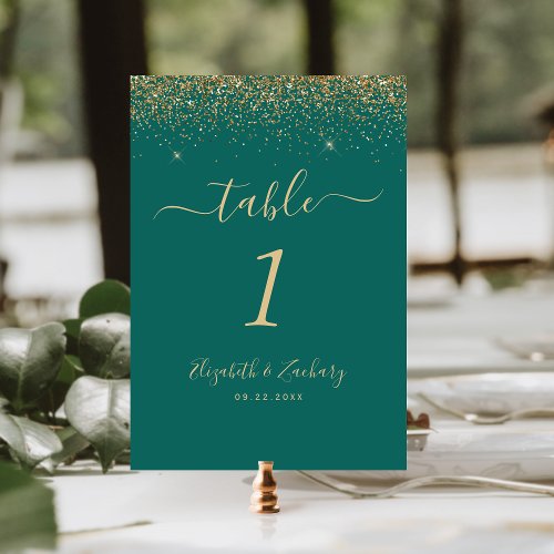 Chic Emerald Green Gold Glitter Edge Wedding Table Number