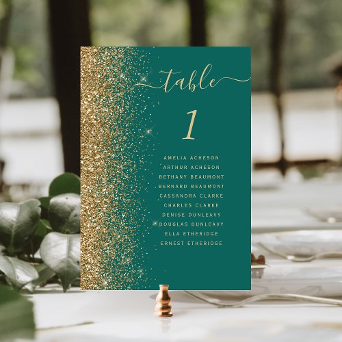 Chic Emerald Green Gold Glitter Wedding Table Number