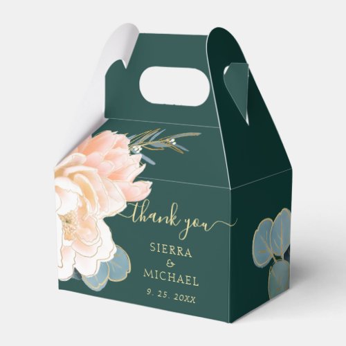 Chic Emerald Green Gold Peach Cream Floral Wedding Favor Boxes