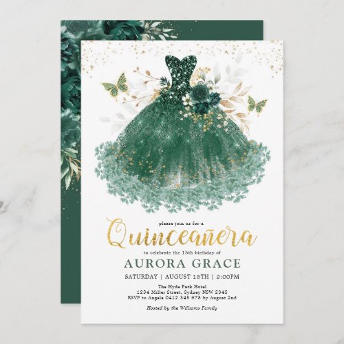 Chic Emerald Green Gold Quinceaera Princess Gown  Invitation