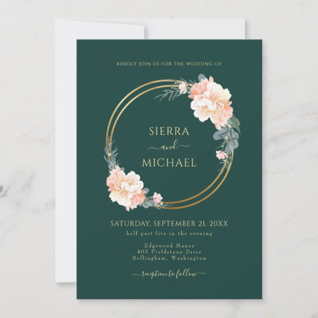 Chic Emerald Green Gold Rings Blush Floral Wedding Invitation (Front)